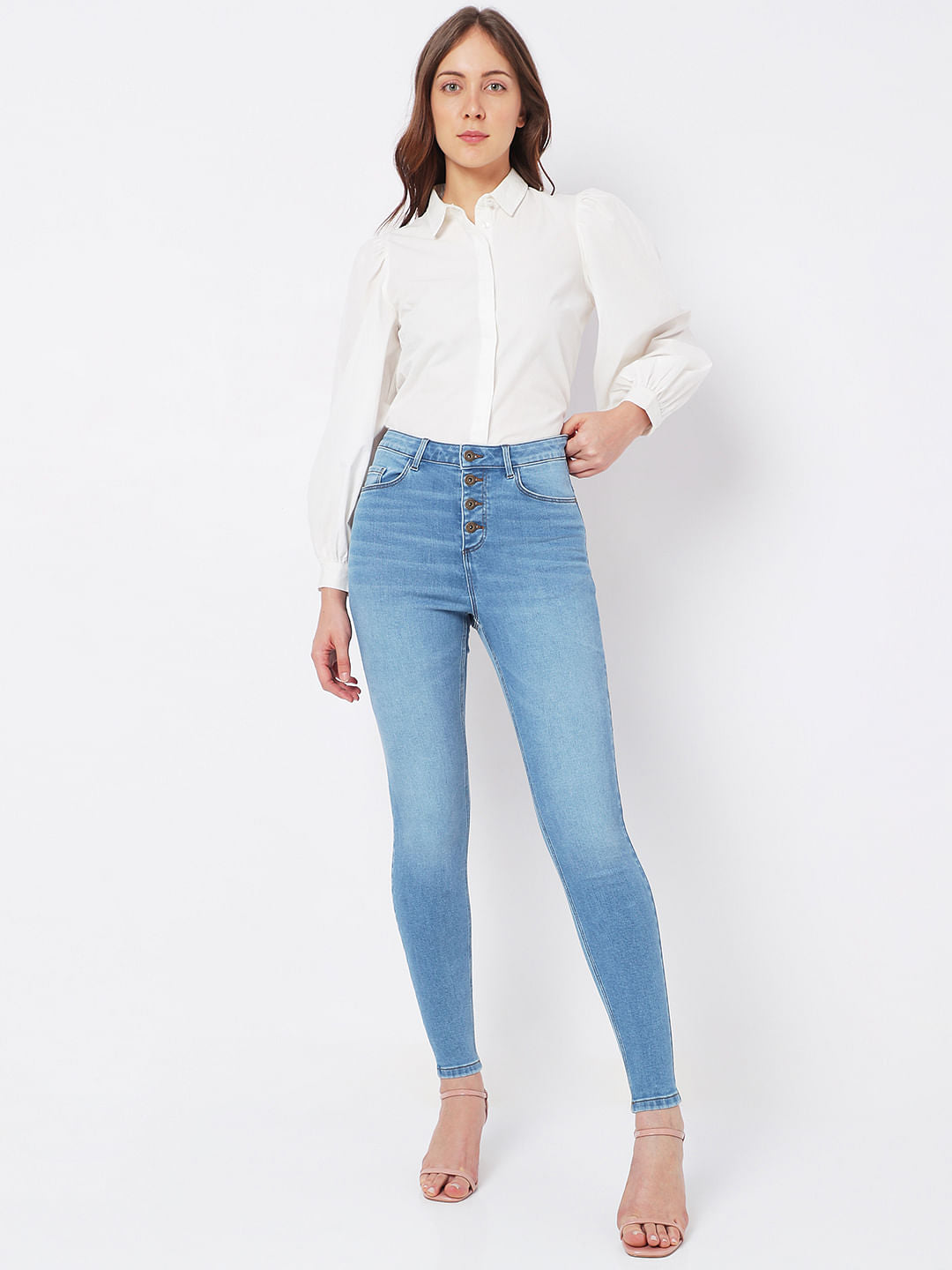 Light Blue High Rise Buttoned Wendy Skinny Jeans