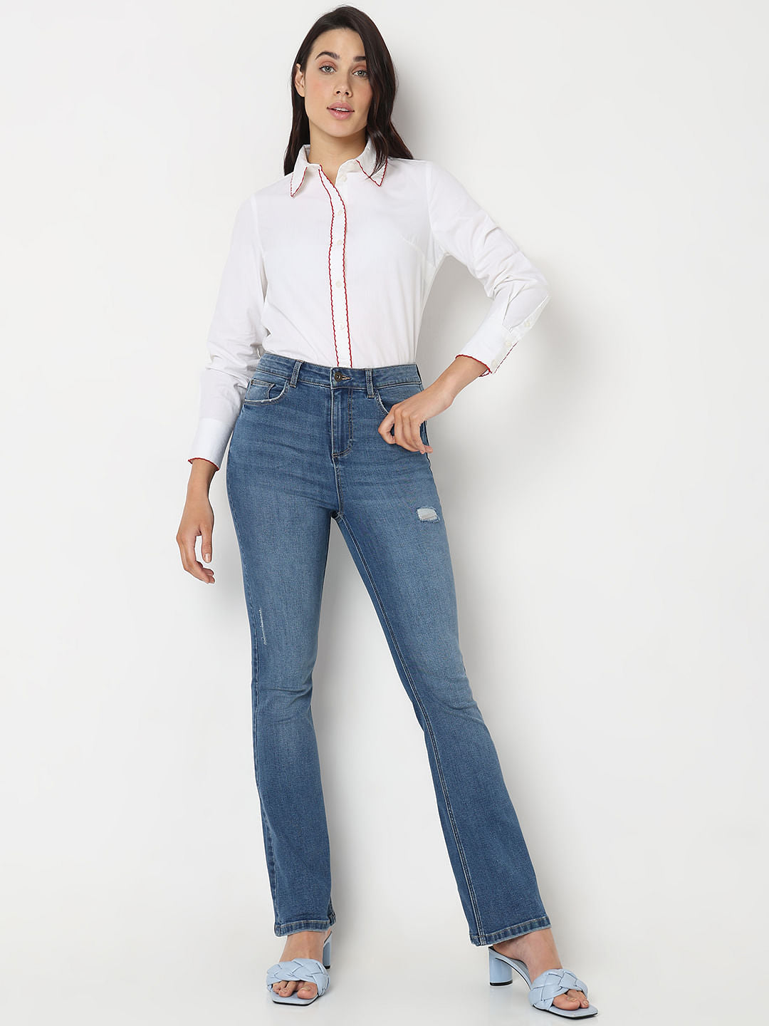 Blue Mid Rise Mildly Distressed Petra Bootcut Jeans