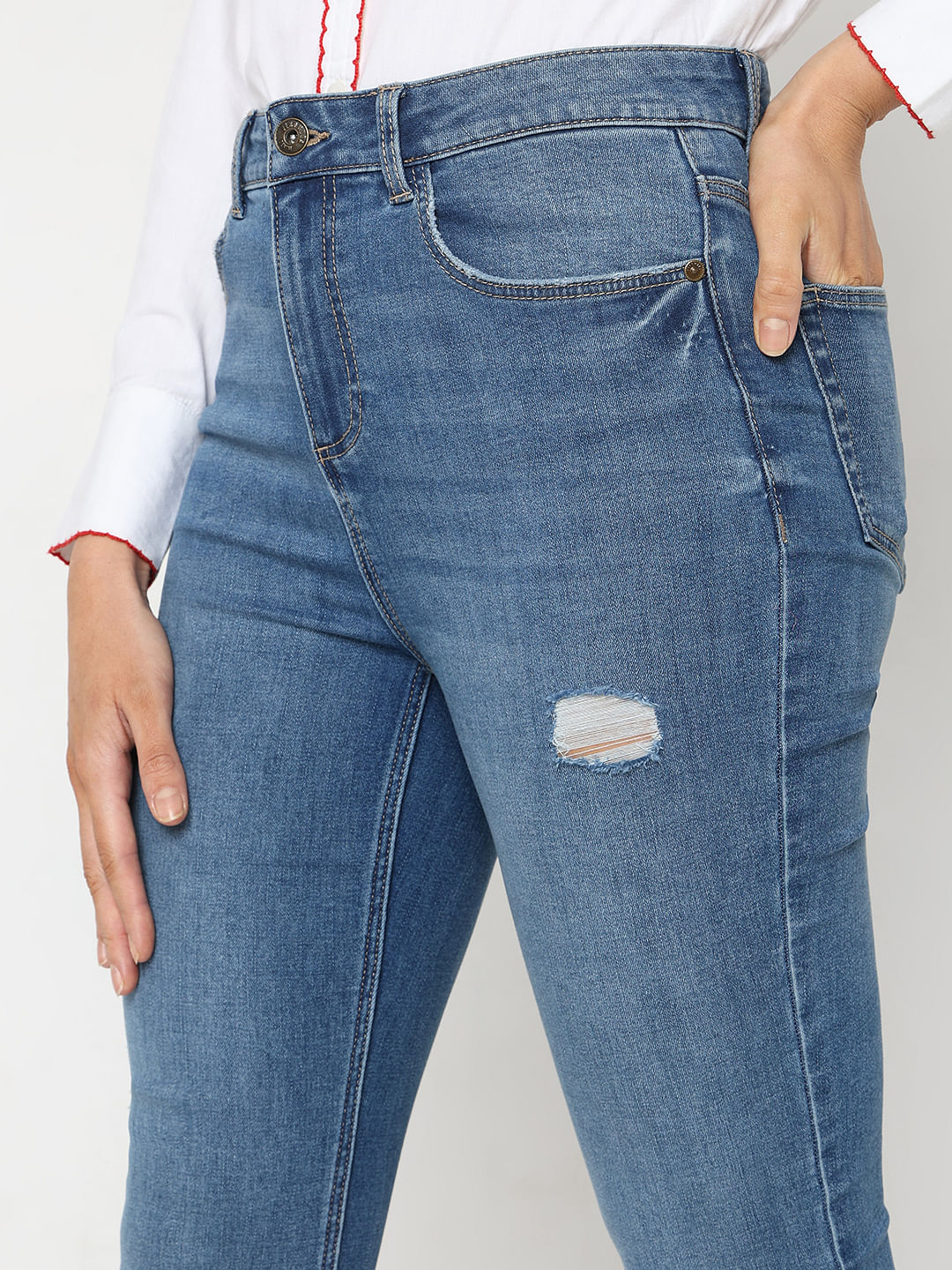 Blue Mid Rise Mildly Distressed Petra Bootcut Jeans