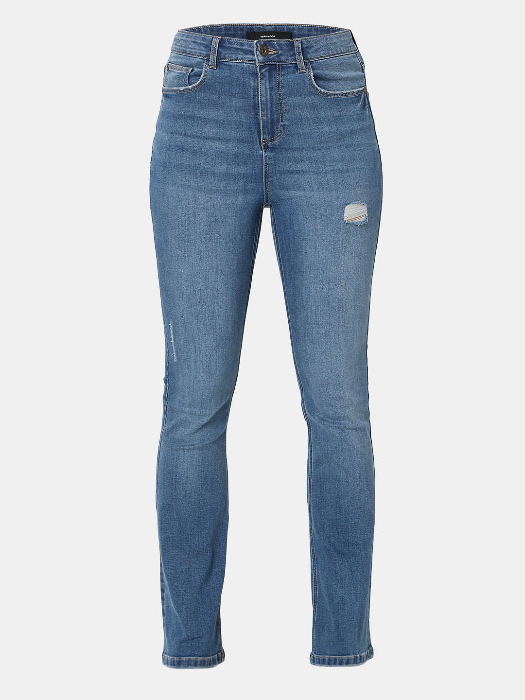 Blue Mid Rise Mildly Distressed Petra Bootcut Jeans