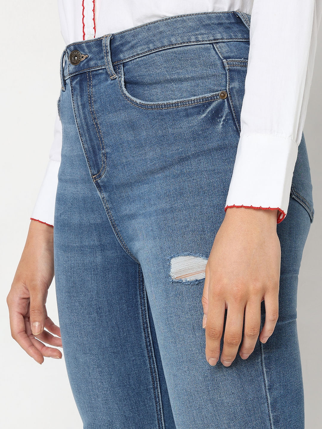 Blue Mid Rise Mildly Distressed Petra Bootcut Jeans
