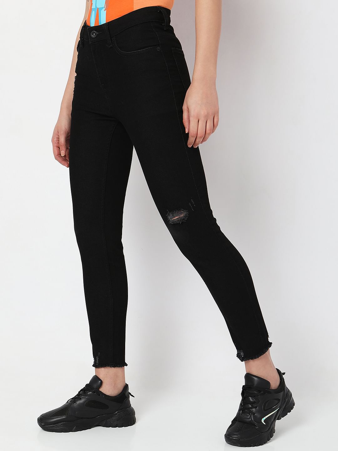 Black High Rise Distressed Jade Straight Fit Jeans