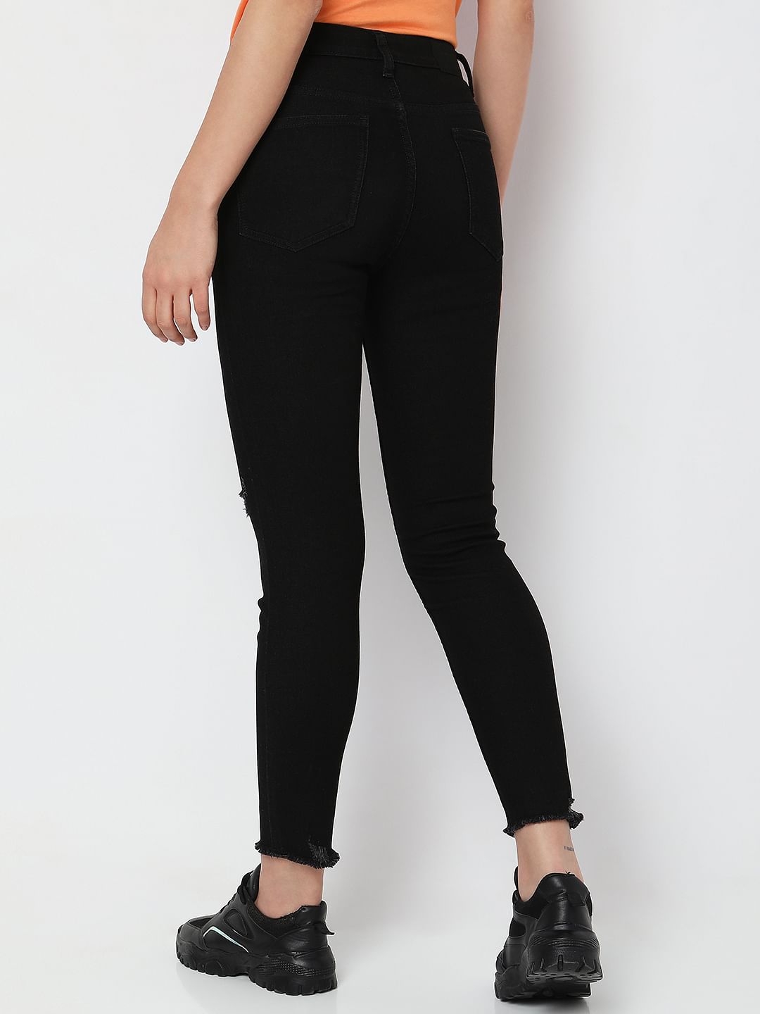 Black High Rise Distressed Jade Straight Fit Jeans