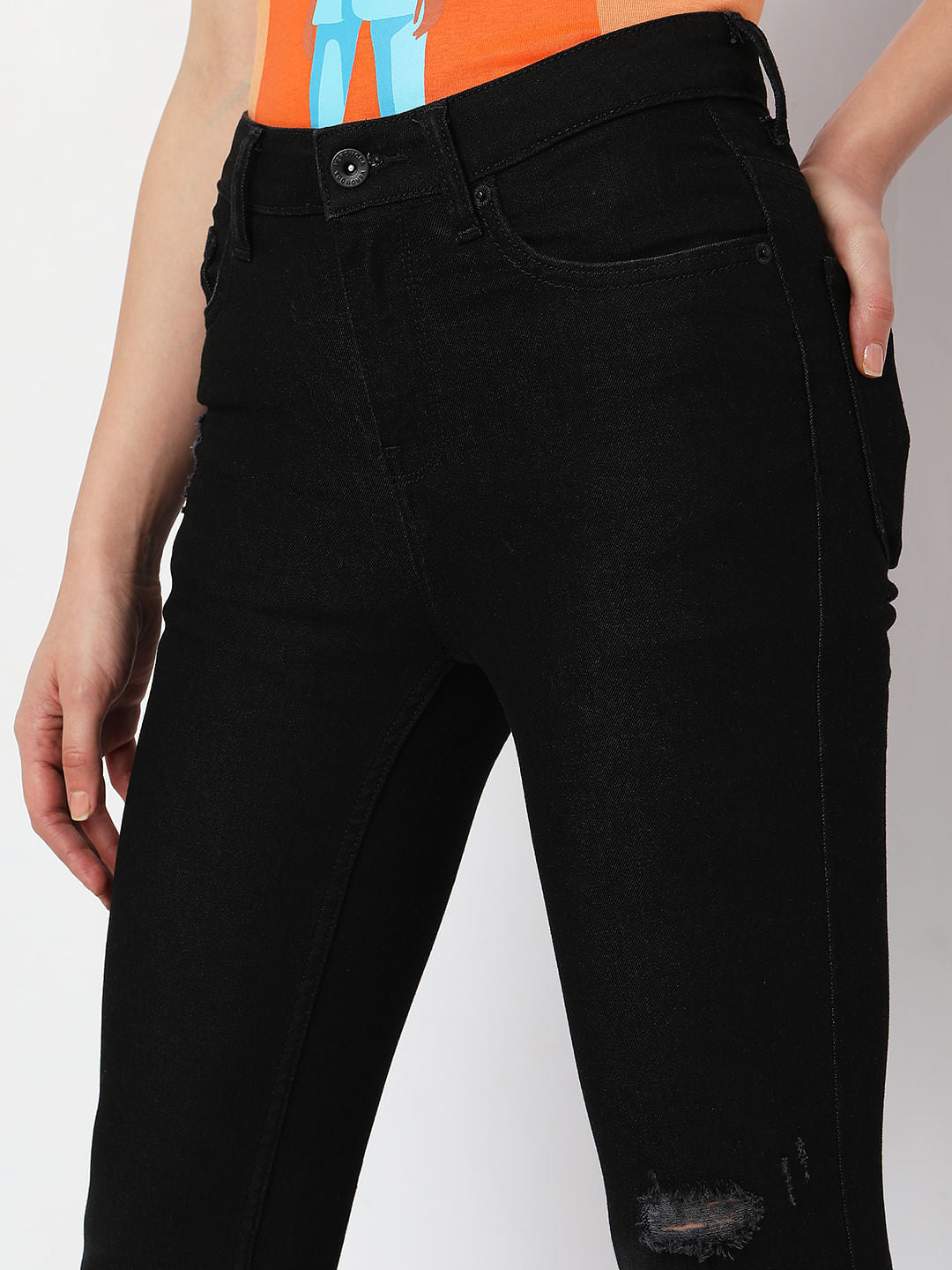 Black High Rise Distressed Jade Straight Fit Jeans