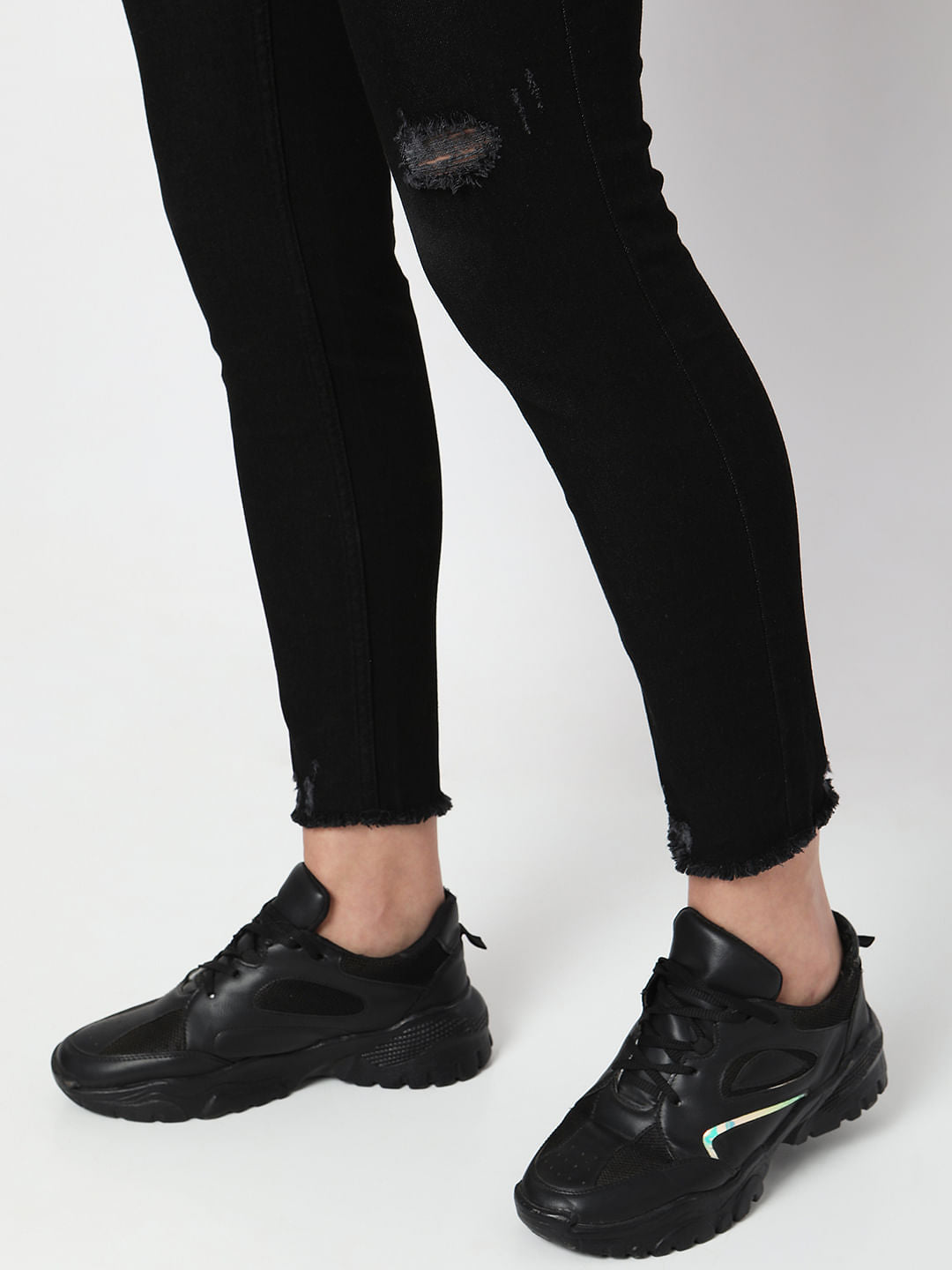 Black High Rise Distressed Jade Straight Fit Jeans