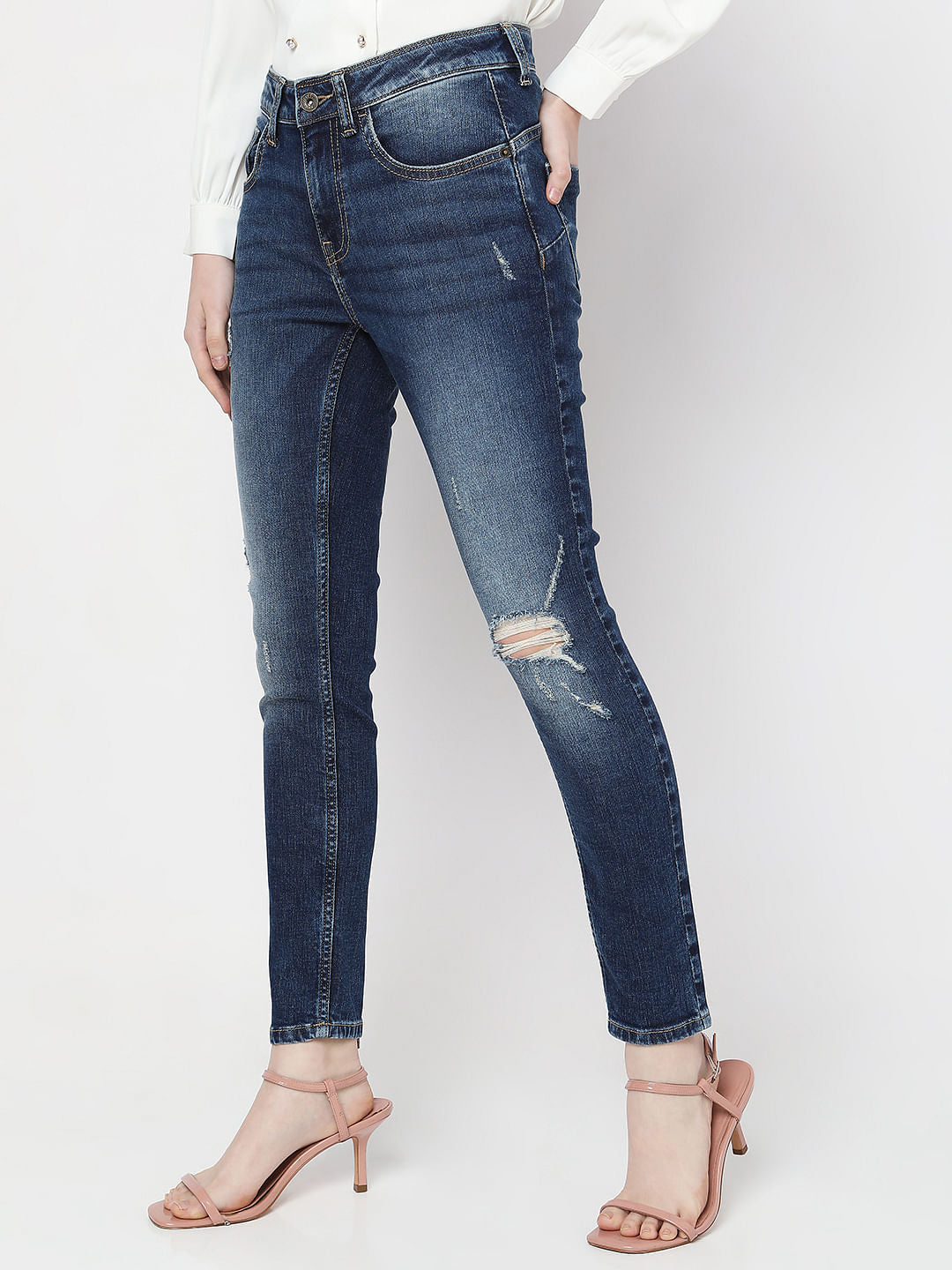 Blue Mid Rise Distressed Push-Up Wendy Skinny Jeans