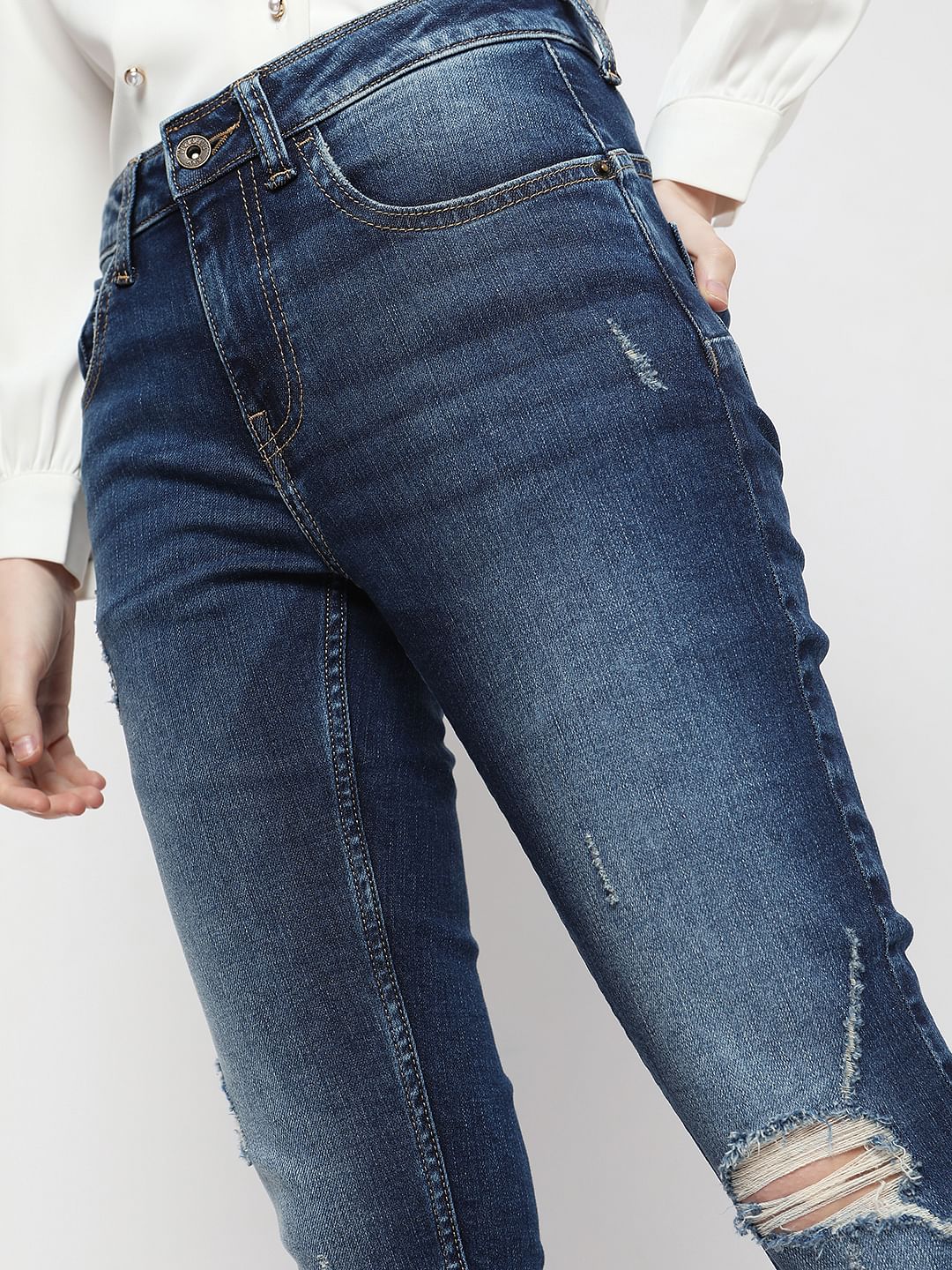 Blue Mid Rise Distressed Push-Up Wendy Skinny Jeans