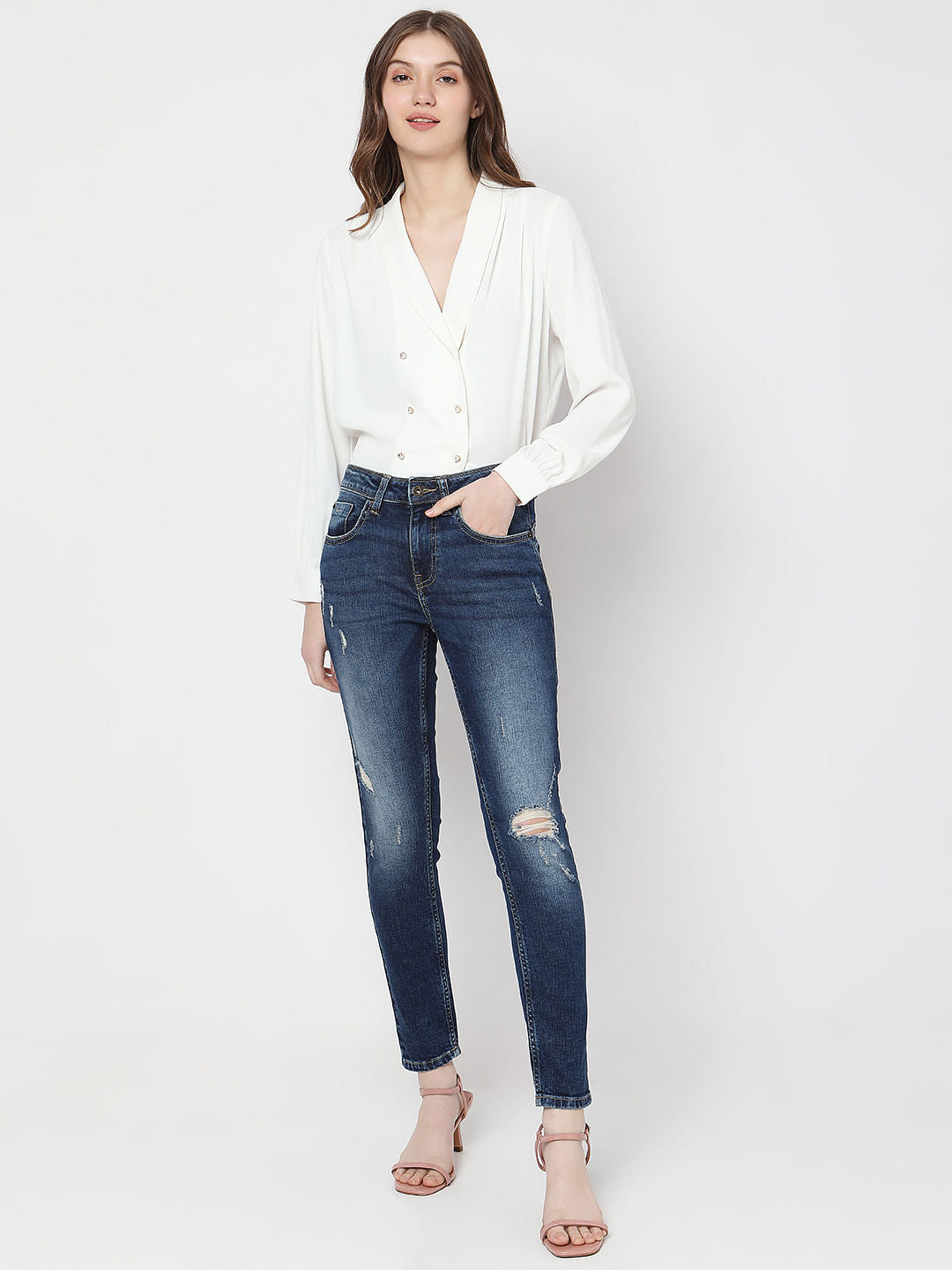 Blue Mid Rise Distressed Push-Up Wendy Skinny Jeans
