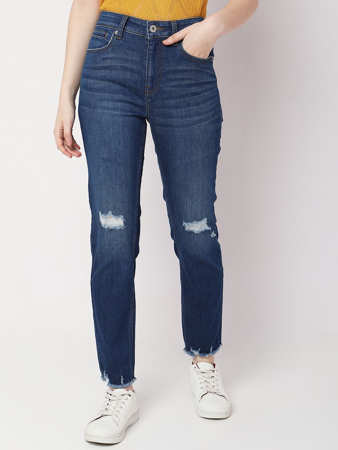 Blue High Rise Distressed Jade Straight Fit Jeans