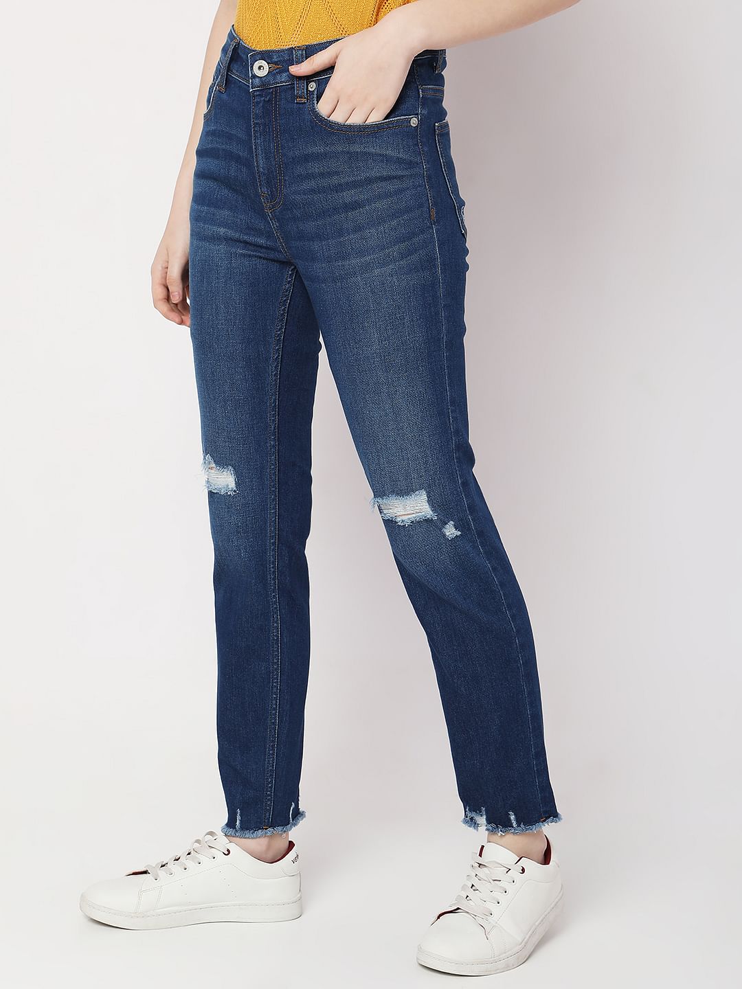 Blue High Rise Distressed Jade Straight Fit Jeans