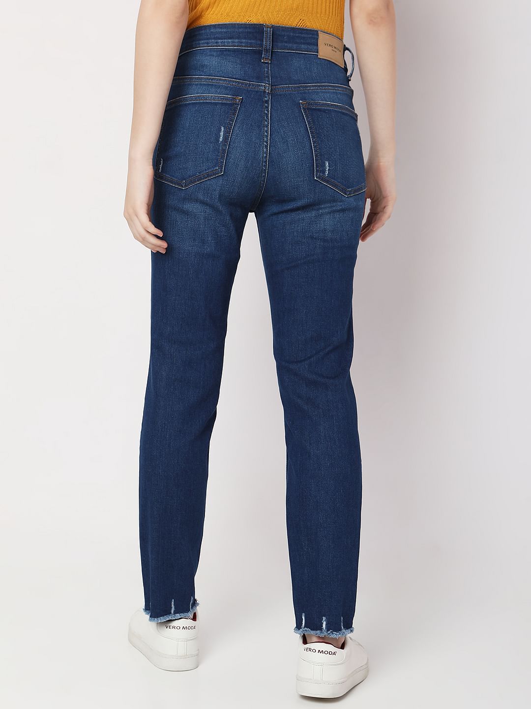 Blue High Rise Distressed Jade Straight Fit Jeans