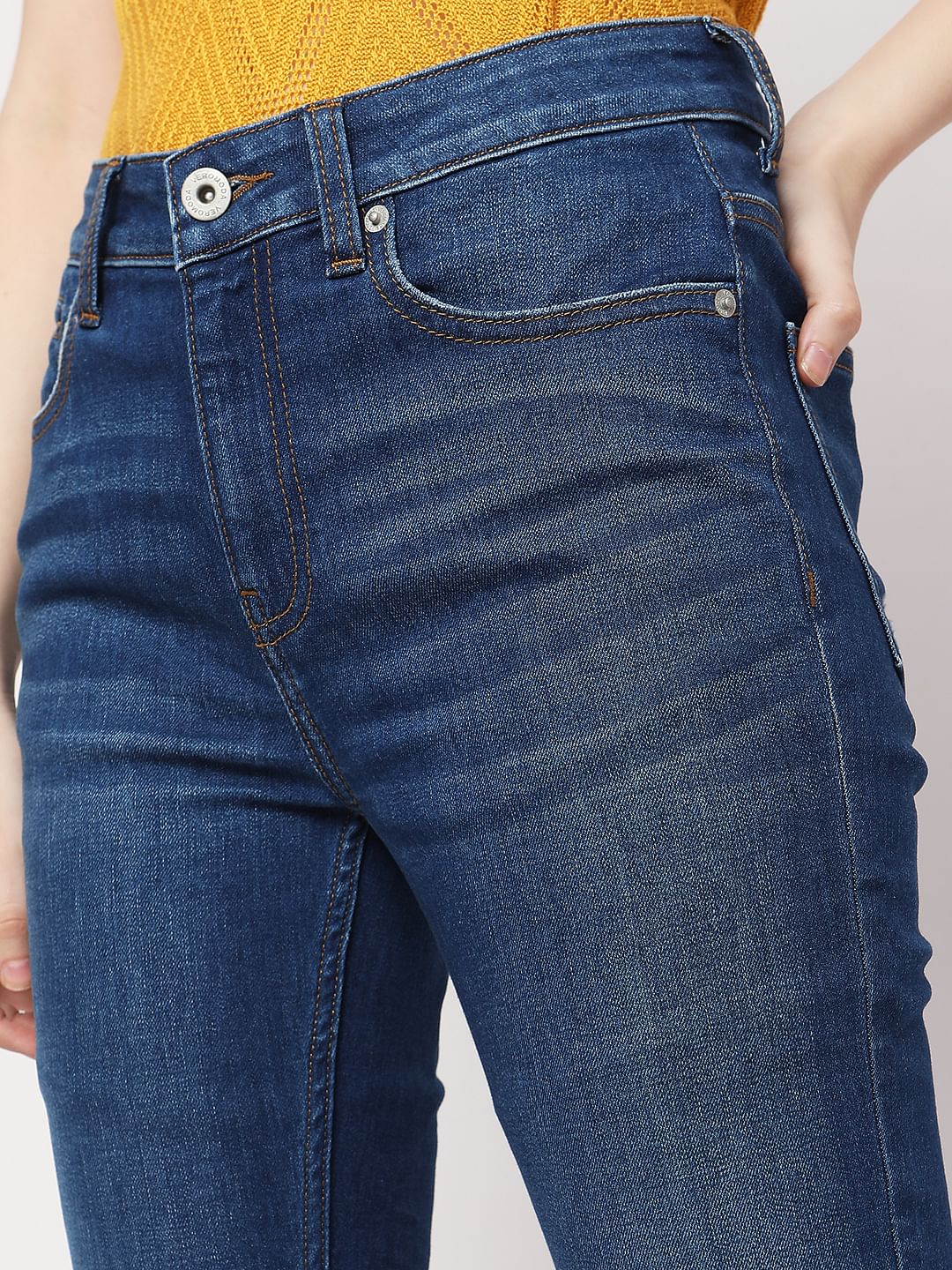 Blue High Rise Distressed Jade Straight Fit Jeans