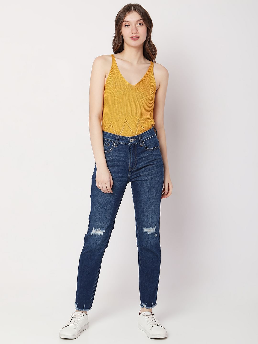 Blue High Rise Distressed Jade Straight Fit Jeans
