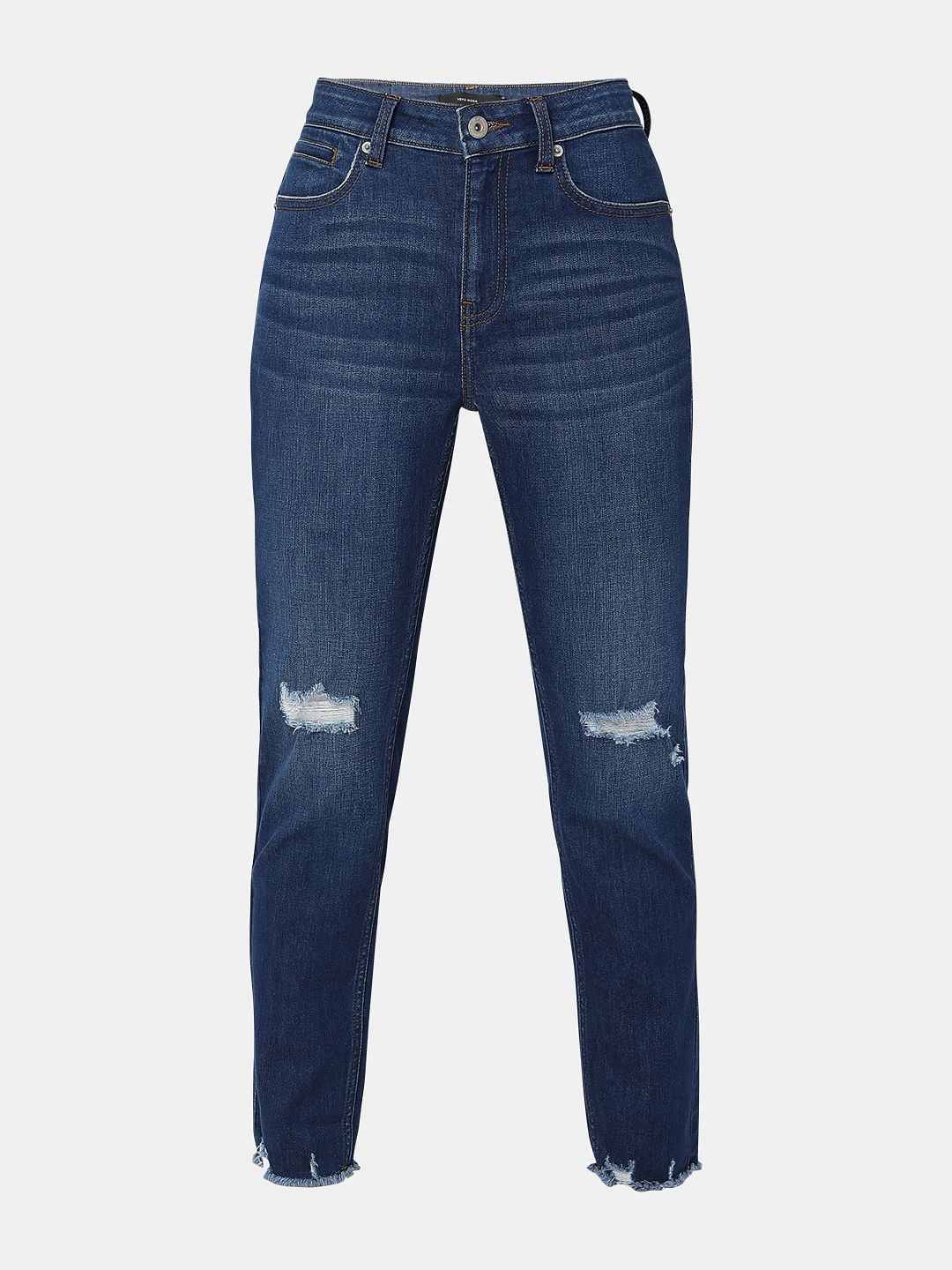 Blue High Rise Distressed Jade Straight Fit Jeans