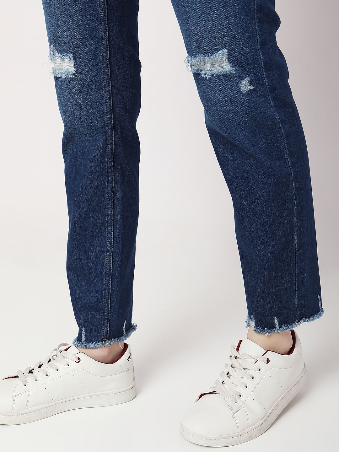 Blue High Rise Distressed Jade Straight Fit Jeans