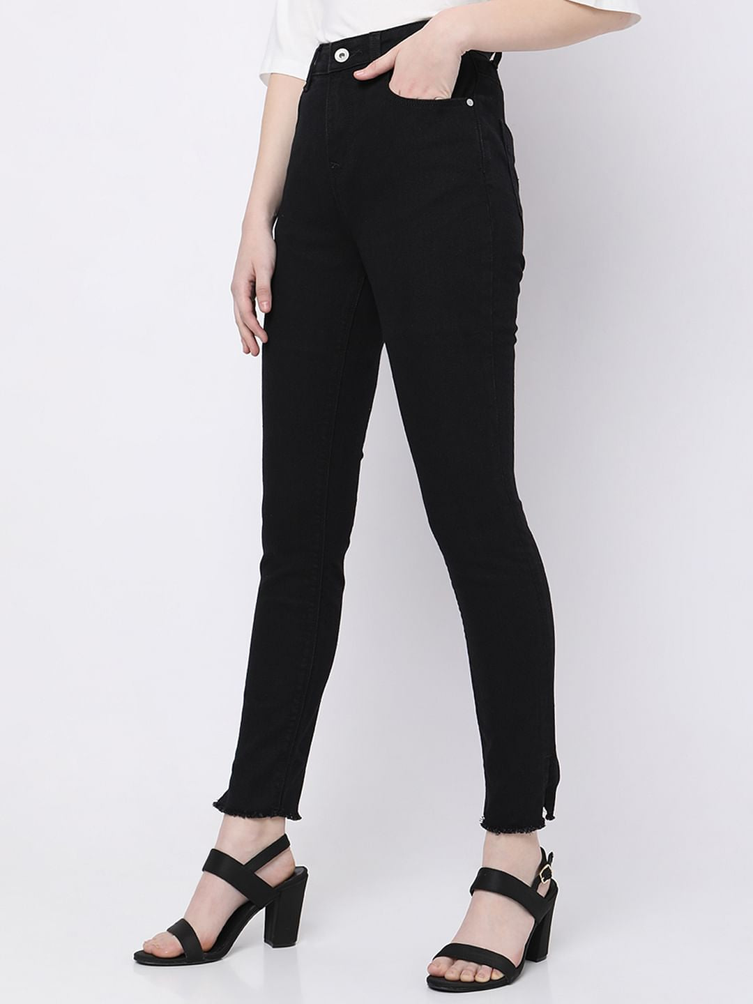 Black High Rise Frayed Hem Regular Fit Jeans