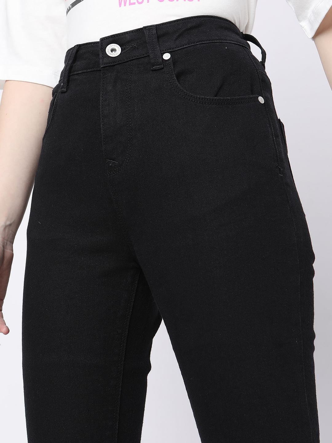 Black High Rise Frayed Hem Regular Fit Jeans