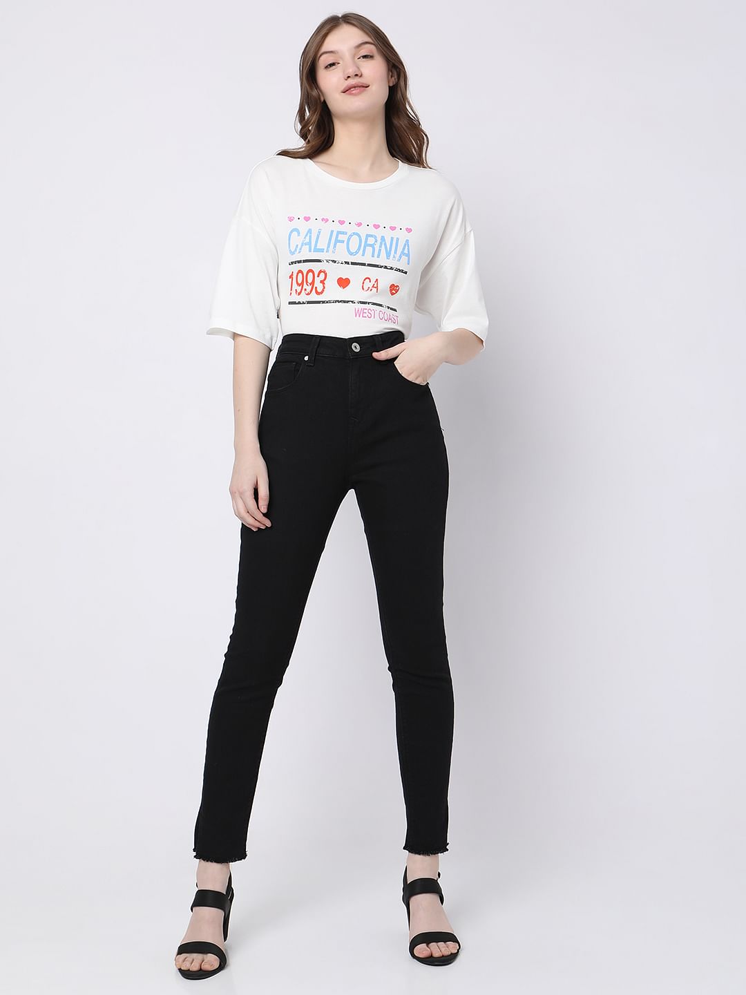 Black High Rise Frayed Hem Regular Fit Jeans