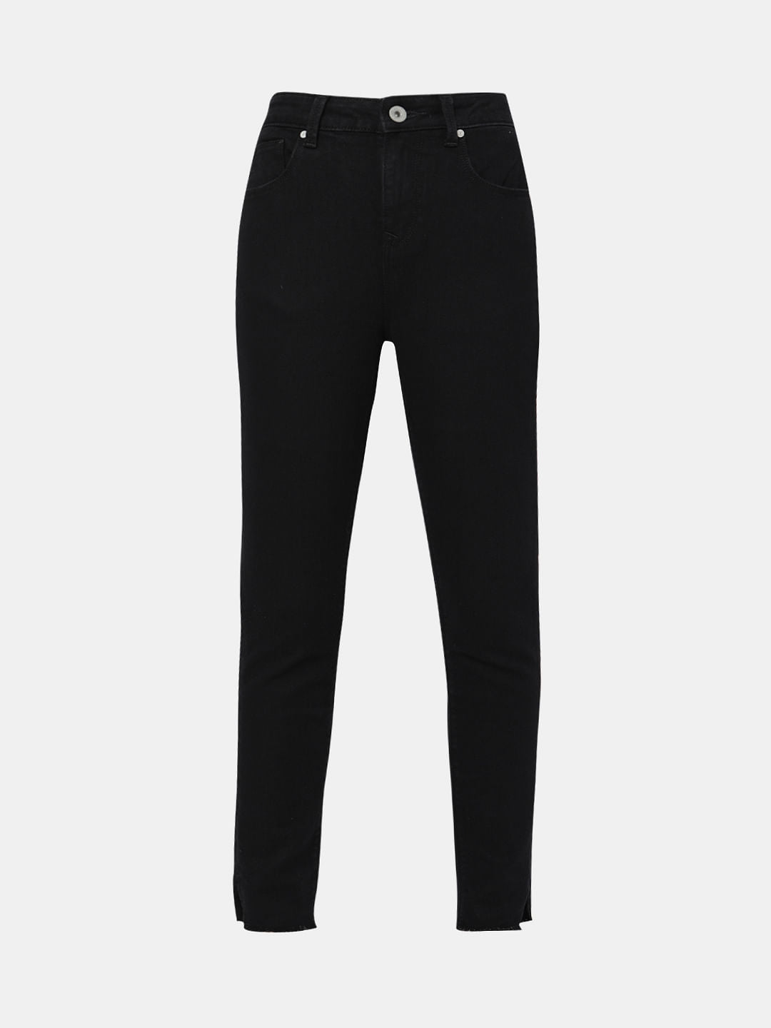Black High Rise Frayed Hem Regular Fit Jeans