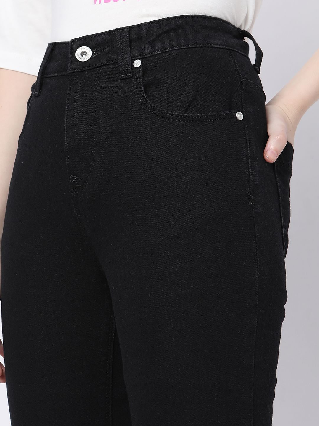 Black High Rise Frayed Hem Regular Fit Jeans
