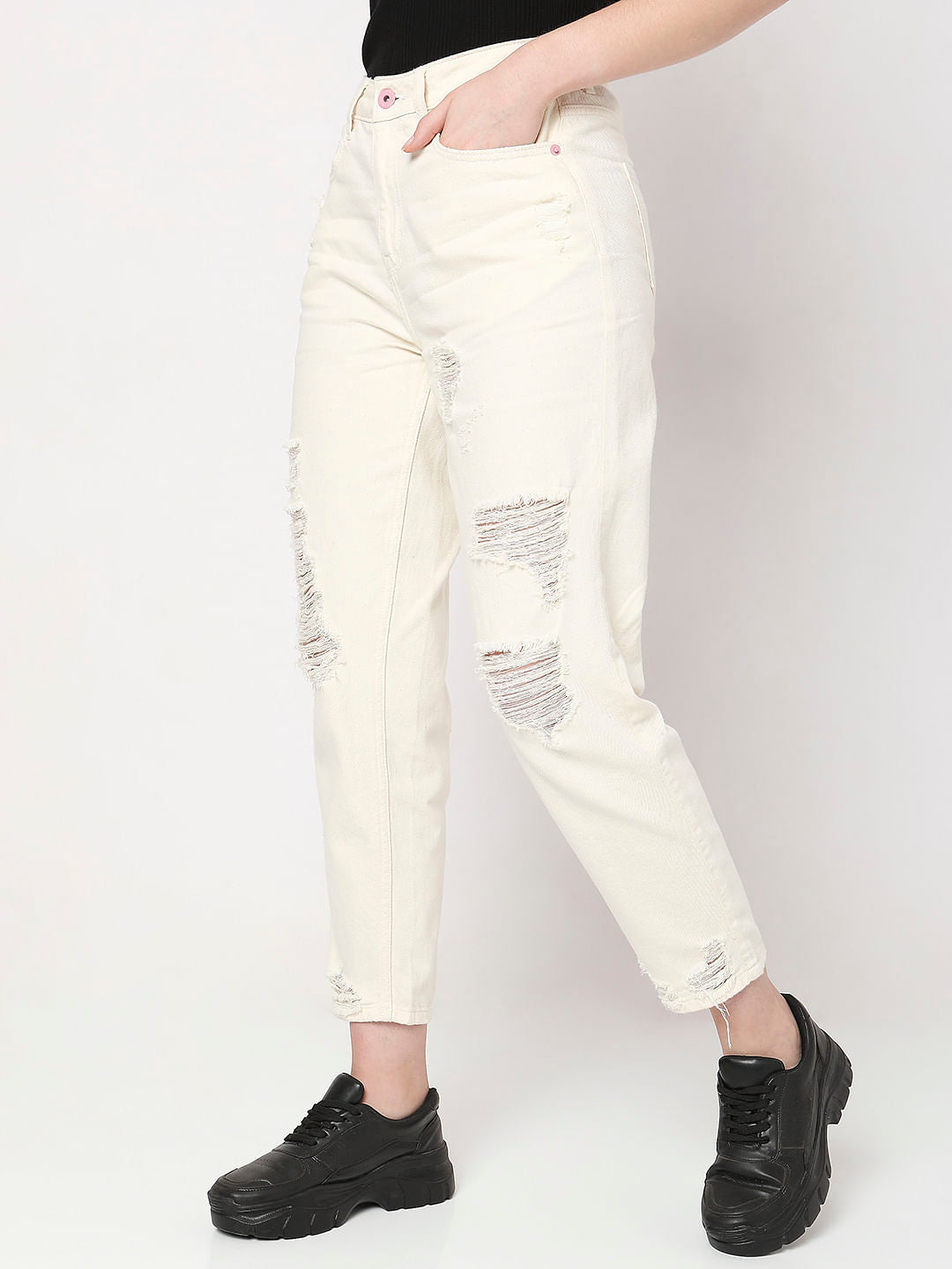 Off-White High Rise Distressed Straight Jeans