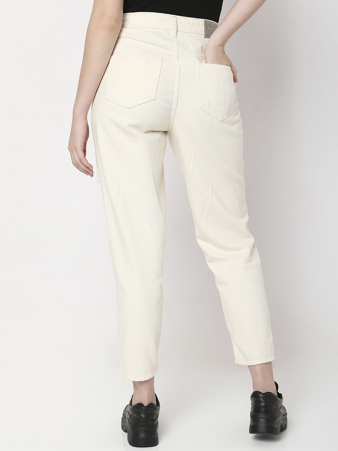 Off-White High Rise Distressed Straight Jeans