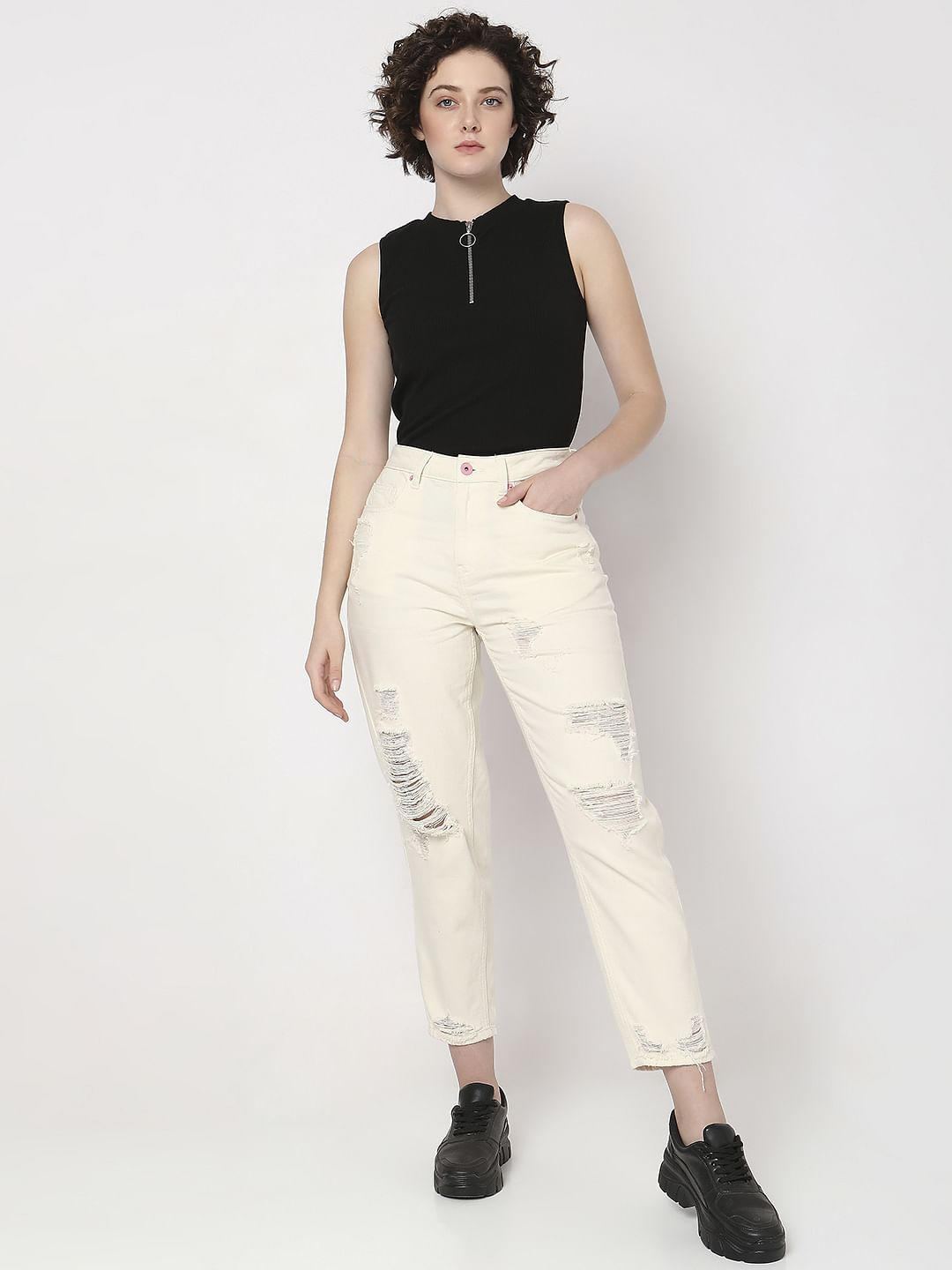 Off-White High Rise Distressed Straight Jeans