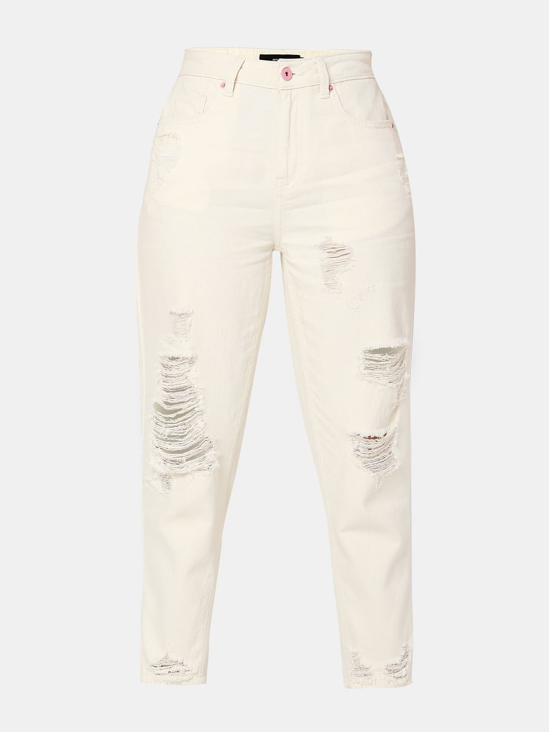 Off-White High Rise Distressed Straight Jeans