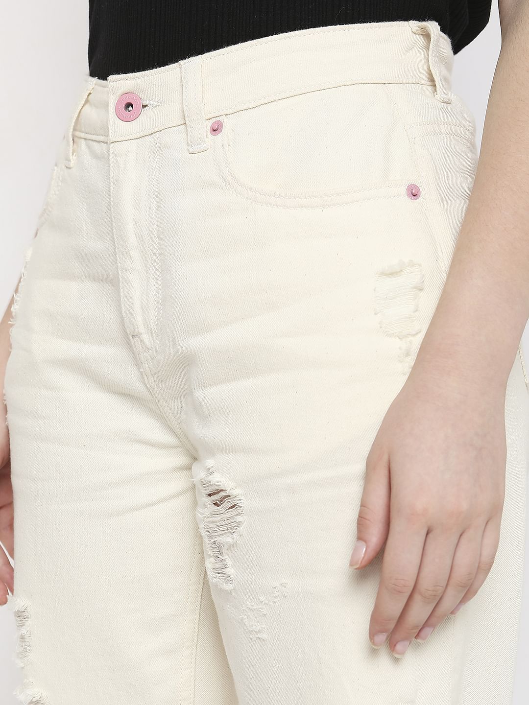Off-White High Rise Distressed Straight Jeans