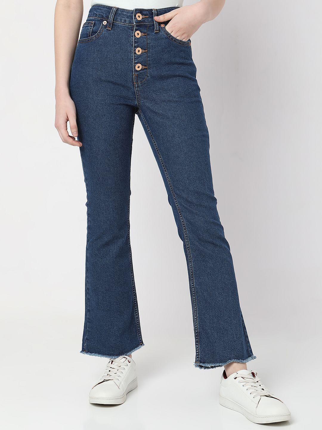 Blue High Rise Buttoned Petra Bootcut Jeans