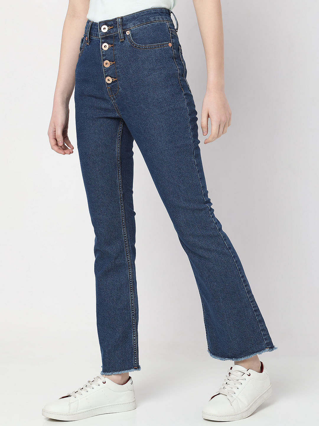 Blue High Rise Buttoned Petra Bootcut Jeans