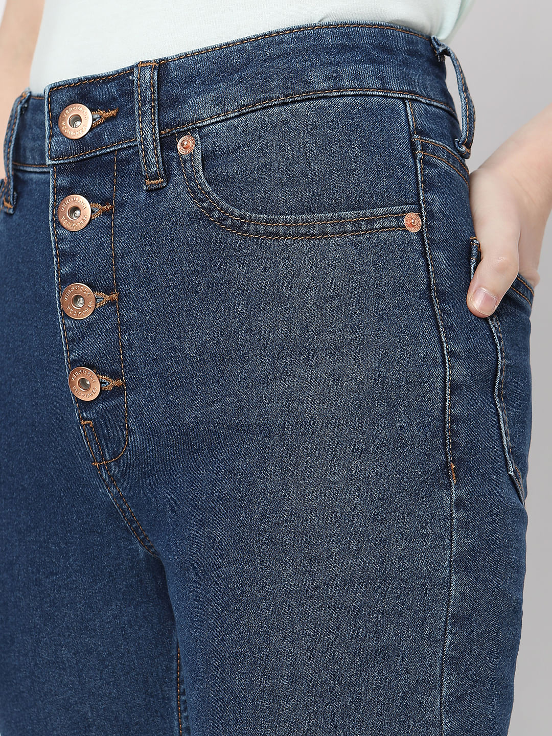 Blue High Rise Buttoned Petra Bootcut Jeans