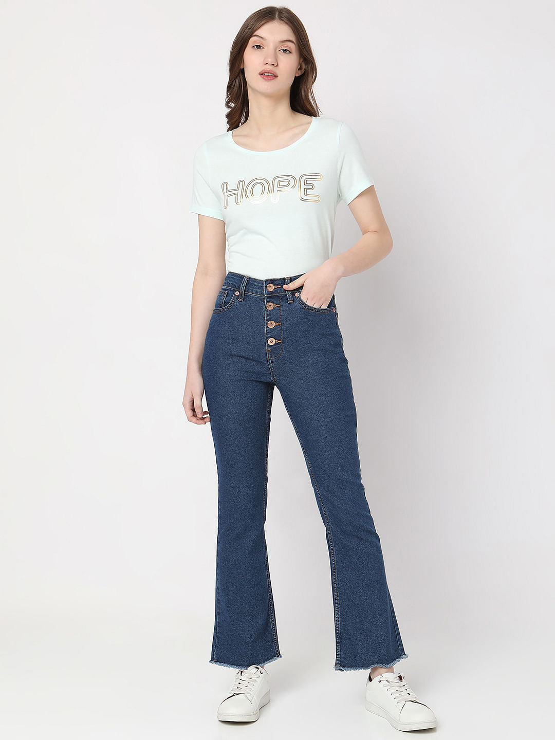 Blue High Rise Buttoned Petra Bootcut Jeans