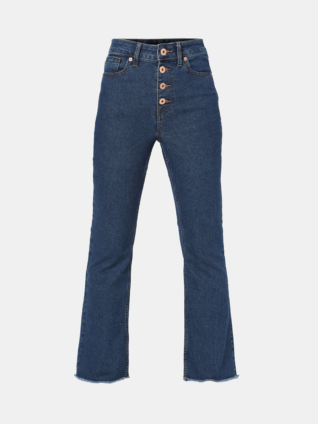 Blue High Rise Buttoned Petra Bootcut Jeans