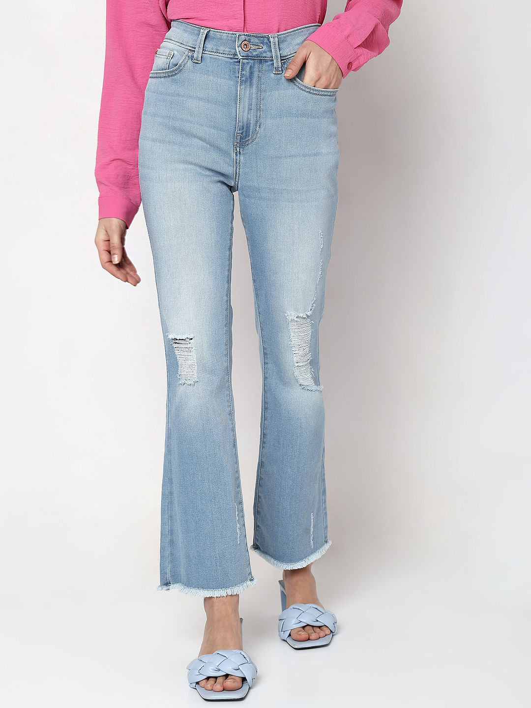 Blue High Rise Distressed Petra Bootcut Jeans
