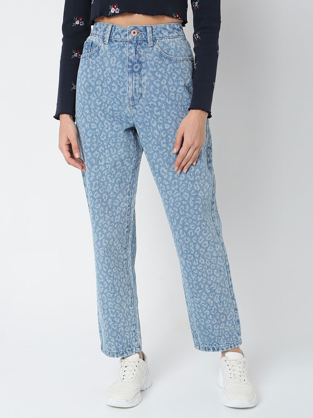 Blue High Rise Animal Print Mom Jeans