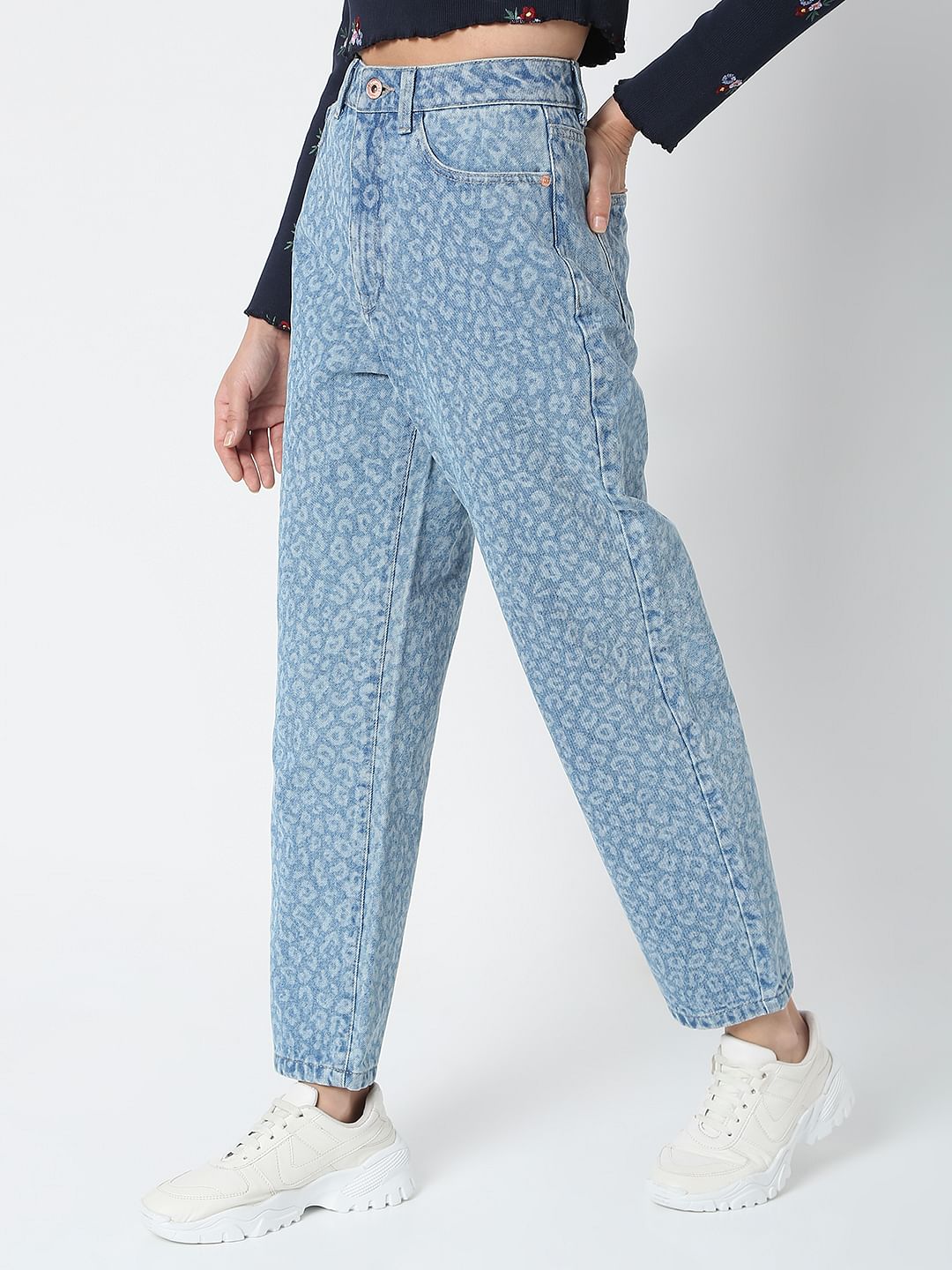 Blue High Rise Animal Print Mom Jeans