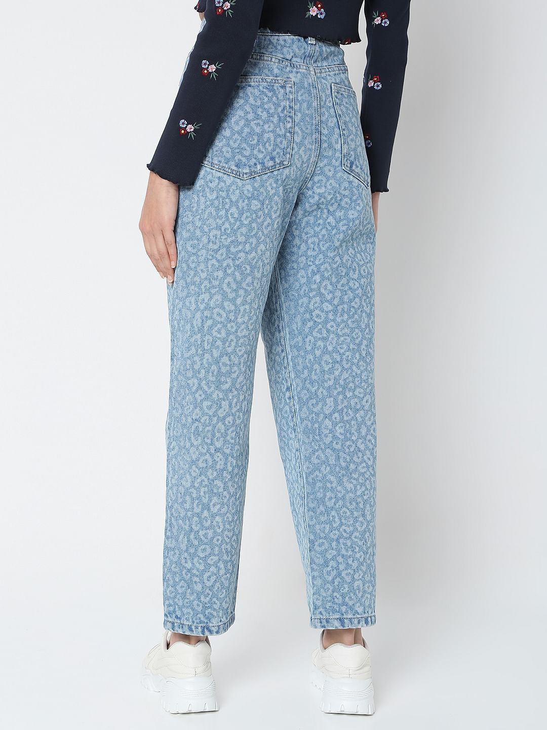 Blue High Rise Animal Print Mom Jeans