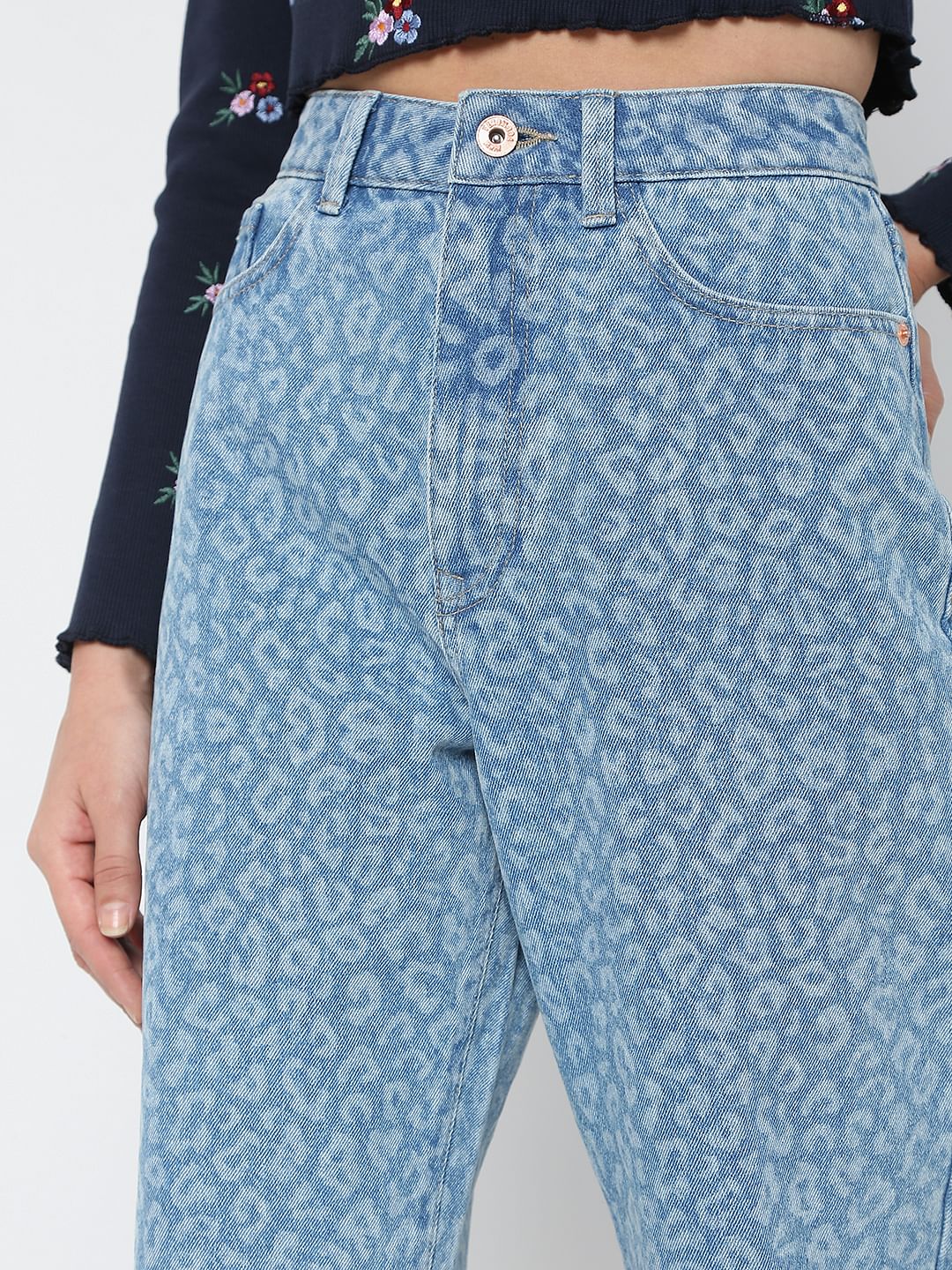 Blue High Rise Animal Print Mom Jeans