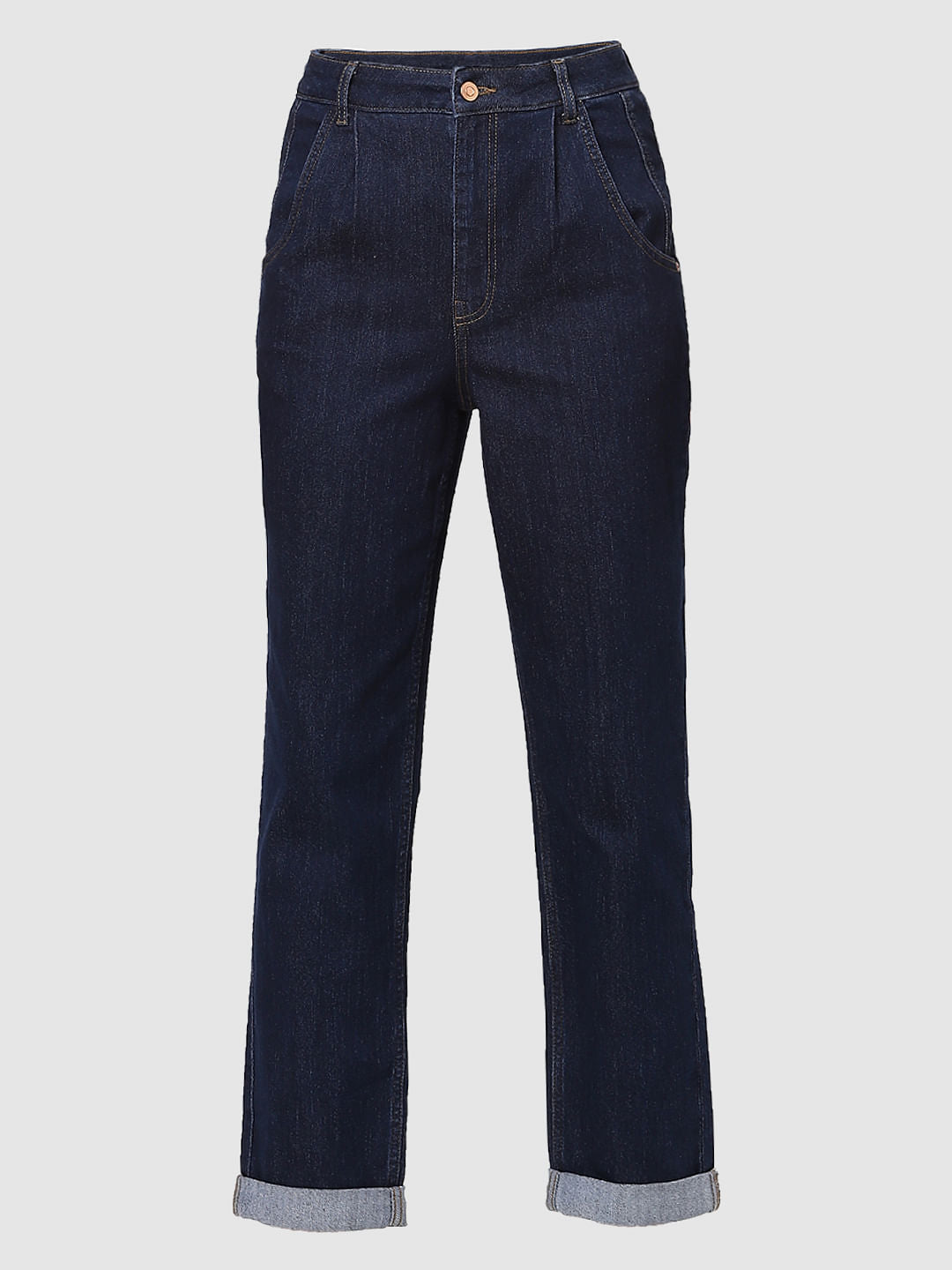 Blue High Rise Pleated Jade Straight Fit Jeans