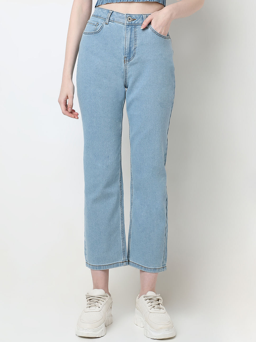 Light Blue Mid Rise Straight Fit Jeans