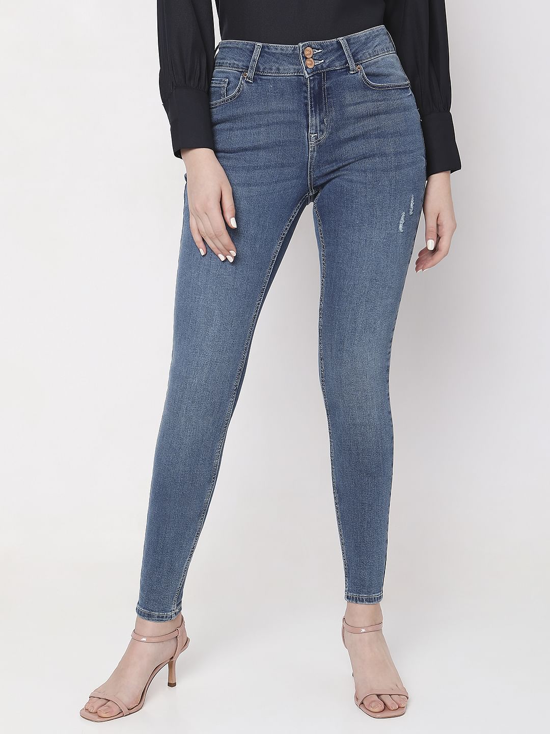 Blue Mid Rise Mildly Distressed Slim Jeans