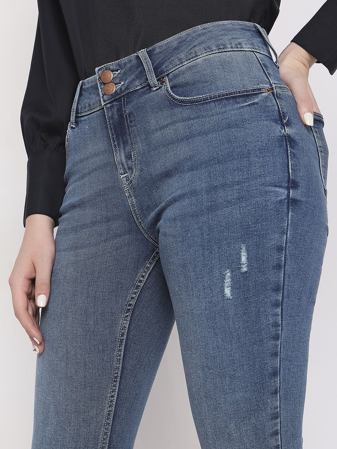 Blue Mid Rise Mildly Distressed Slim Jeans