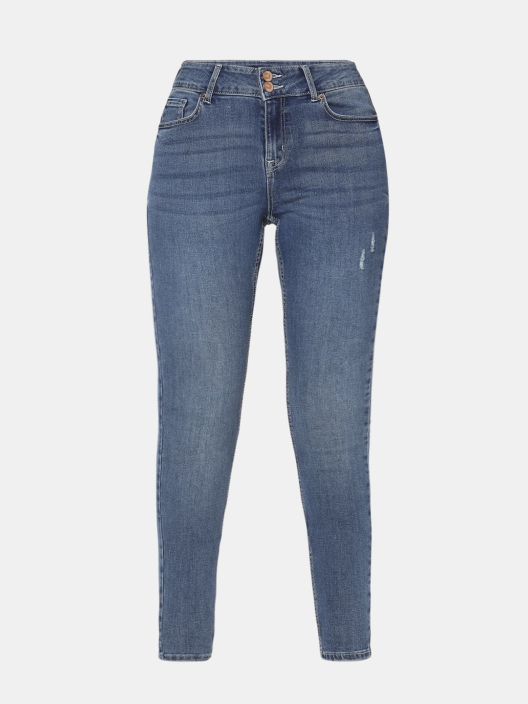 Blue Mid Rise Mildly Distressed Slim Jeans