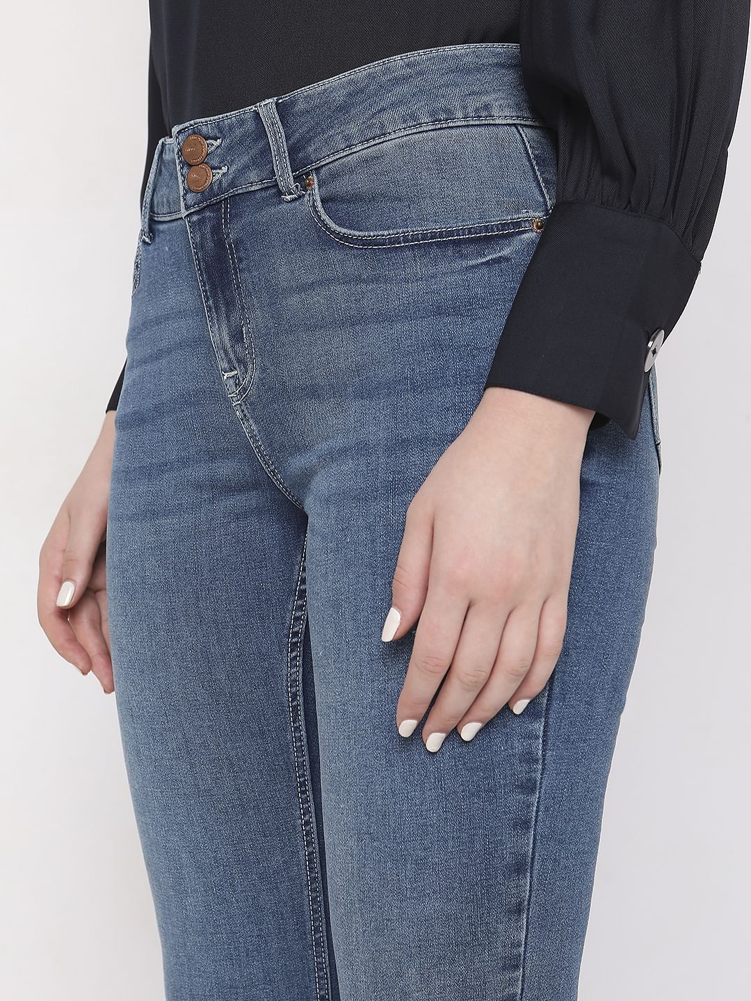 Blue Mid Rise Mildly Distressed Slim Jeans