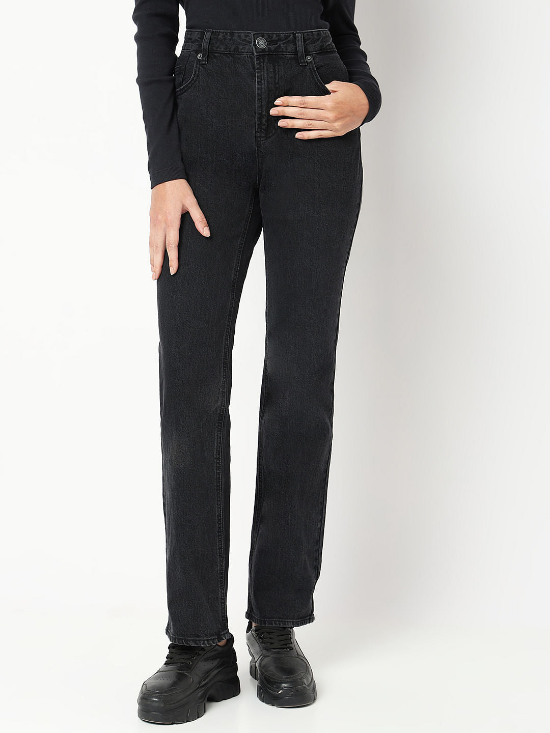 Black High Rise Straight Fit Jeans