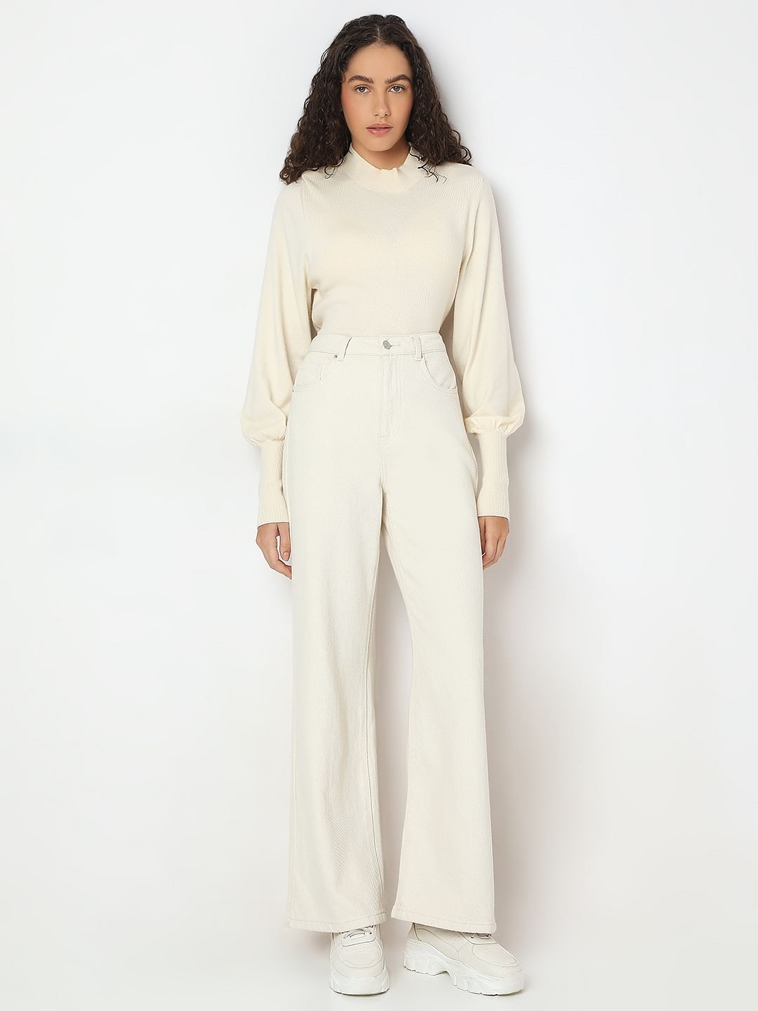 Ecru High Rise Wide Leg Jeans