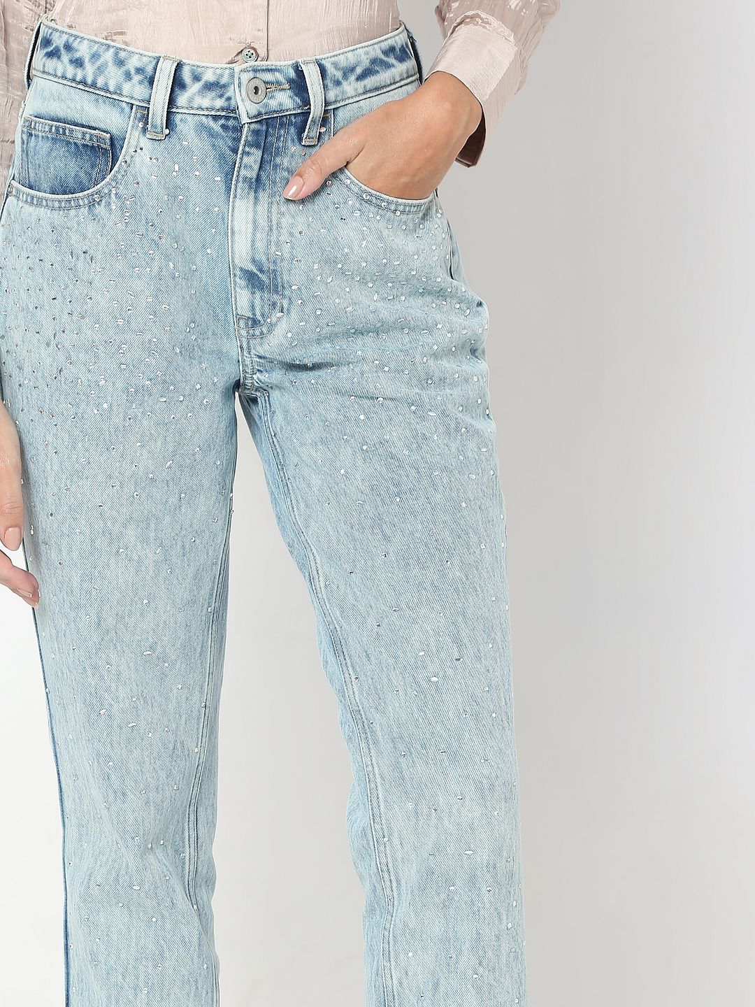 Light Blue Rhinestone Embellished Jeans