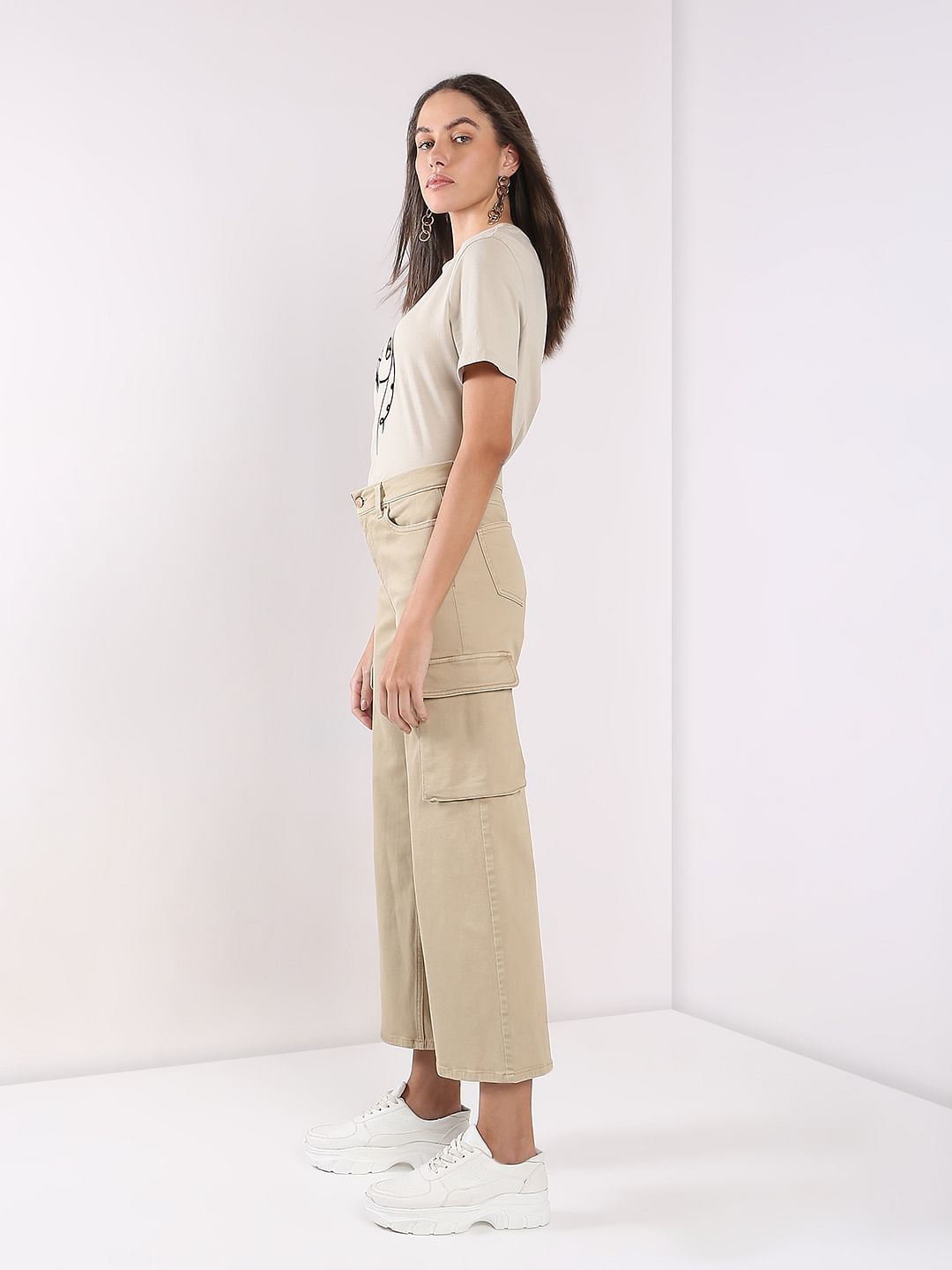 Beige High Rise Wide Leg Jeans