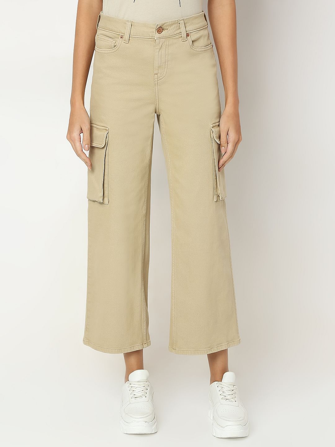 Beige High Rise Wide Leg Jeans